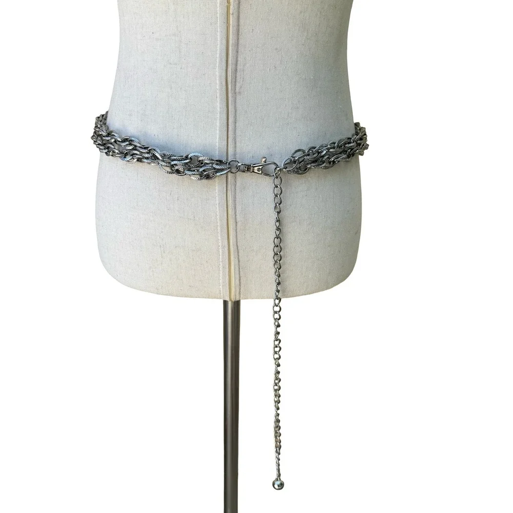 Vintage Y2K Grunge Punk Silver Tone Triple Strand Textured Adjustable Chain Belt